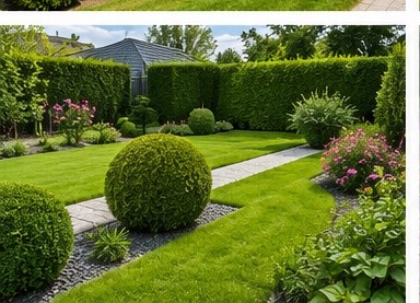 Gepflegter Garten mit Formgehölzen und Hecke