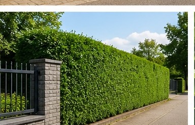 Gerade geschnittene Hecke am Gehweg mit Toranlage